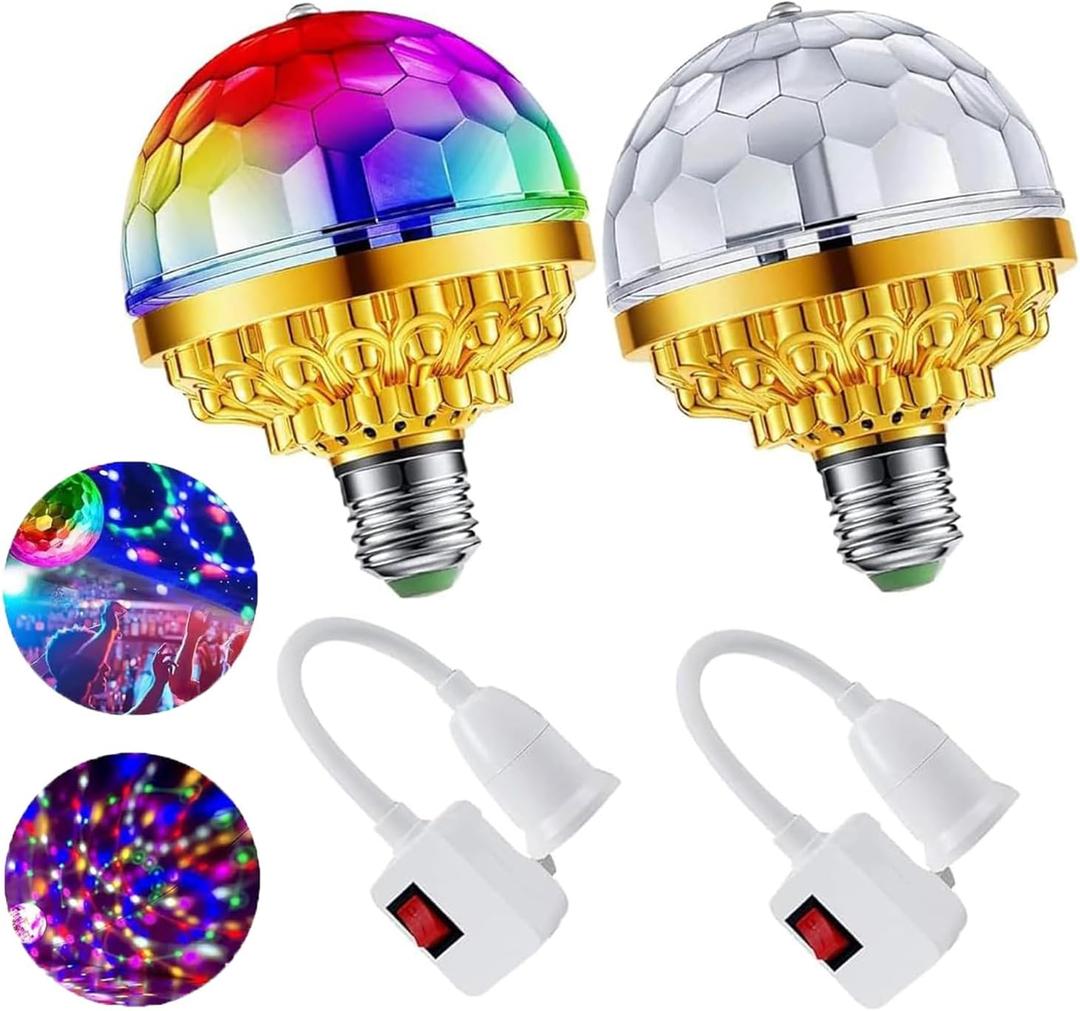 2Pcs Colorful Rotating Magic Ball Disco Ball Light Bulb with Sockets, Plug in RGB LED Stage Light for Home Room Dance Parties