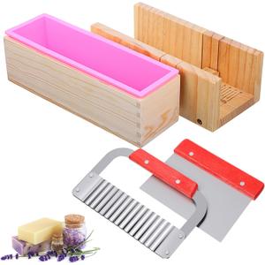 42oz Loaf Soap Making Supplies Kit, Included Adjustable Wooden Cutting Box + Rectangular Loaf with Wooden Box Stainless Steel Wavy+Straight Cutter  Silicone for DIY Soap Making
