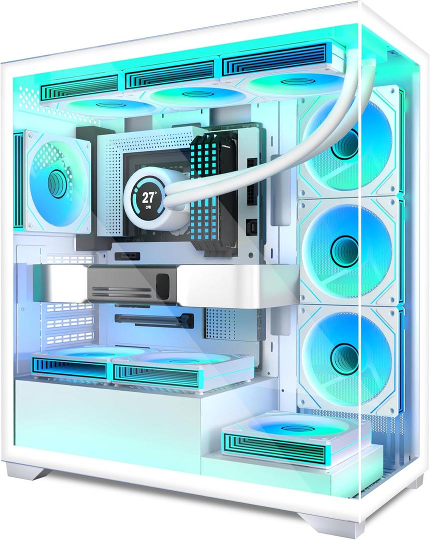 ATX PC Case 7 PWM ARGB Fans Pre-Installed, Mid Tower Computer Case with Full-View Dual Tempered Glass, Type-C Gaming PC Case,White,C9