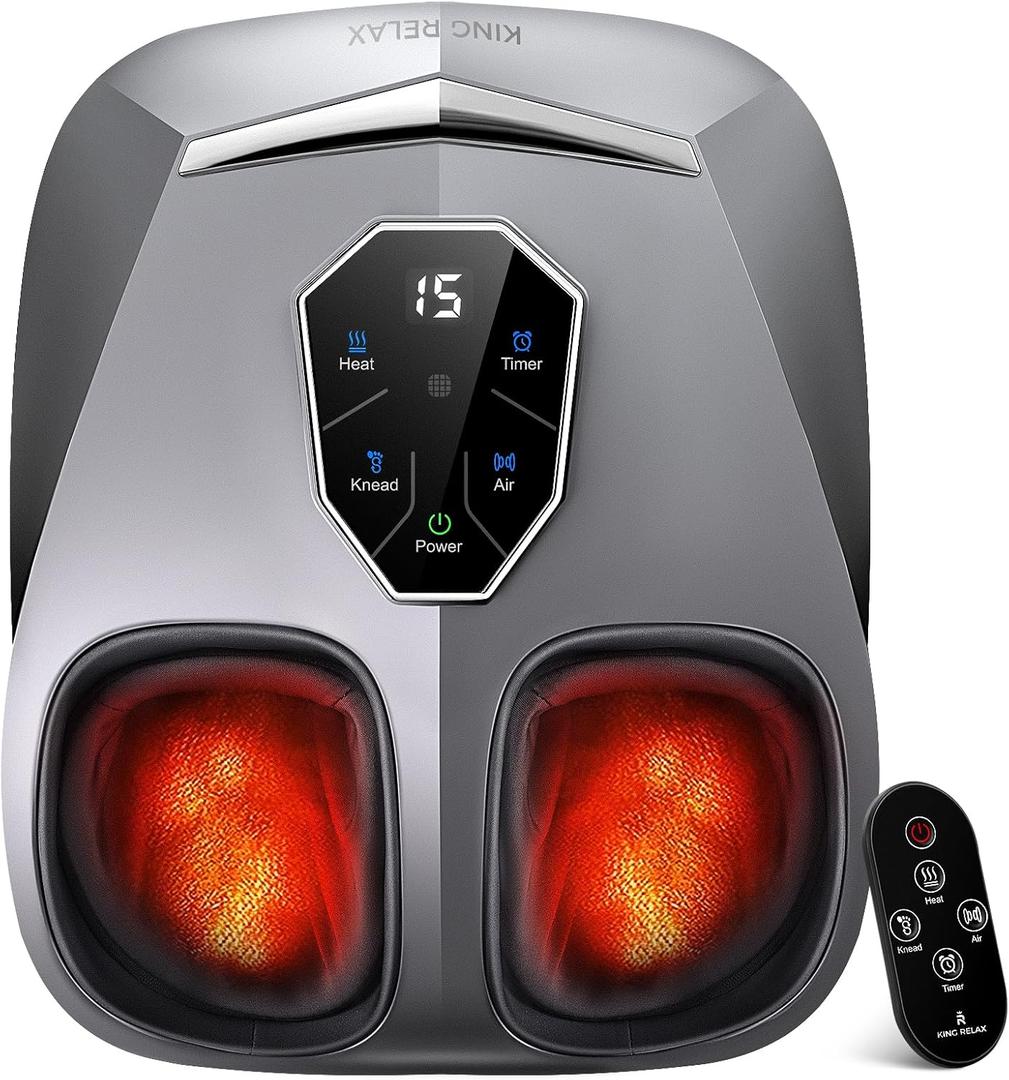 KING RELAX Shiatsu Foot Massager with Heat, 2026 Upgraded Deep Kneading and Squeeze Massage for Plantar Fasciitis, LCD Touch Panel & Remote Control, Modern Sculpted Design, Fits Up to Men Size 14 Gray