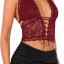 SOLY HUX Women's Sexy Lace Sheer Corset Top Halter Neck Tie Up Backless Crop Tops Party Rave Outfits (Medium)
