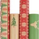 LaRibbons Christmas Wrapping Paper Set, Holiday Gift Wrap with Classic Deer/Red White Plaid/Berries Design, Perfect for Season Party, Xmas Presents & Decoration, 30 Inch X 10 Feet-4 Rolls