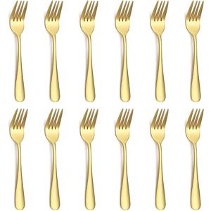 Evanda Gold Dessert Forks Set of 12 Pack 5.62", Golden Titanium Plating Pastry Fork, Appetizer Fork for Fruit, Cake, Cheese, Party Trips, Cafes, Restaurants, Easy To Clean, Dishwasher Safe