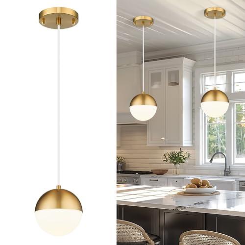LMS 6-inch Brushed Gold Pendant Light Fixtures, Mid Century Pendant Light Fixtures with White Globe Glass, Adjustable Hanging Cord Ceiling Light Fixtures for Dining Room Bathroom, LMS-186BGS