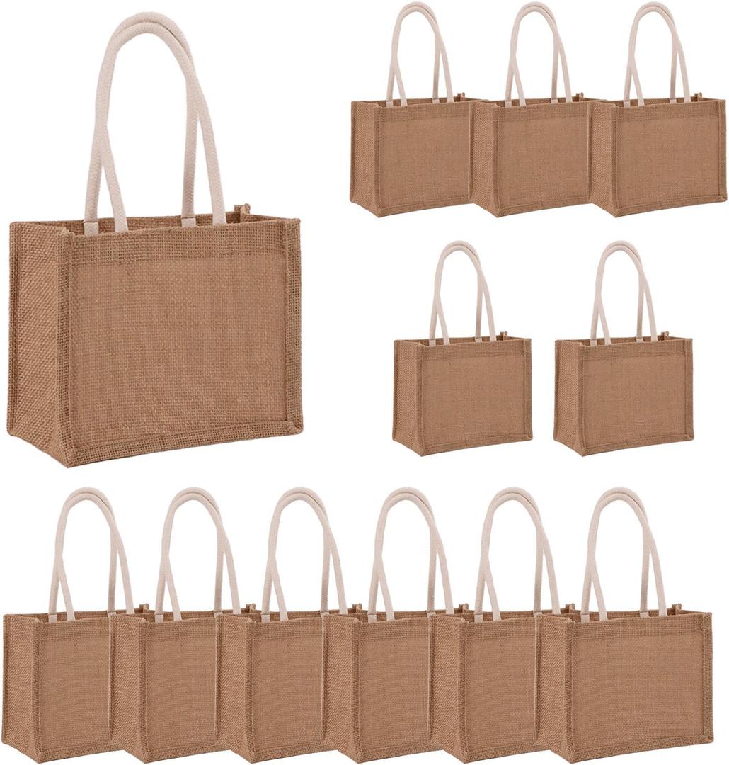12 Pcs Mini Burlap Tote Bags Reusable Jute Bag Blank Canvas Gifts Bags with Handles for Shopping Wedding Beach DIY