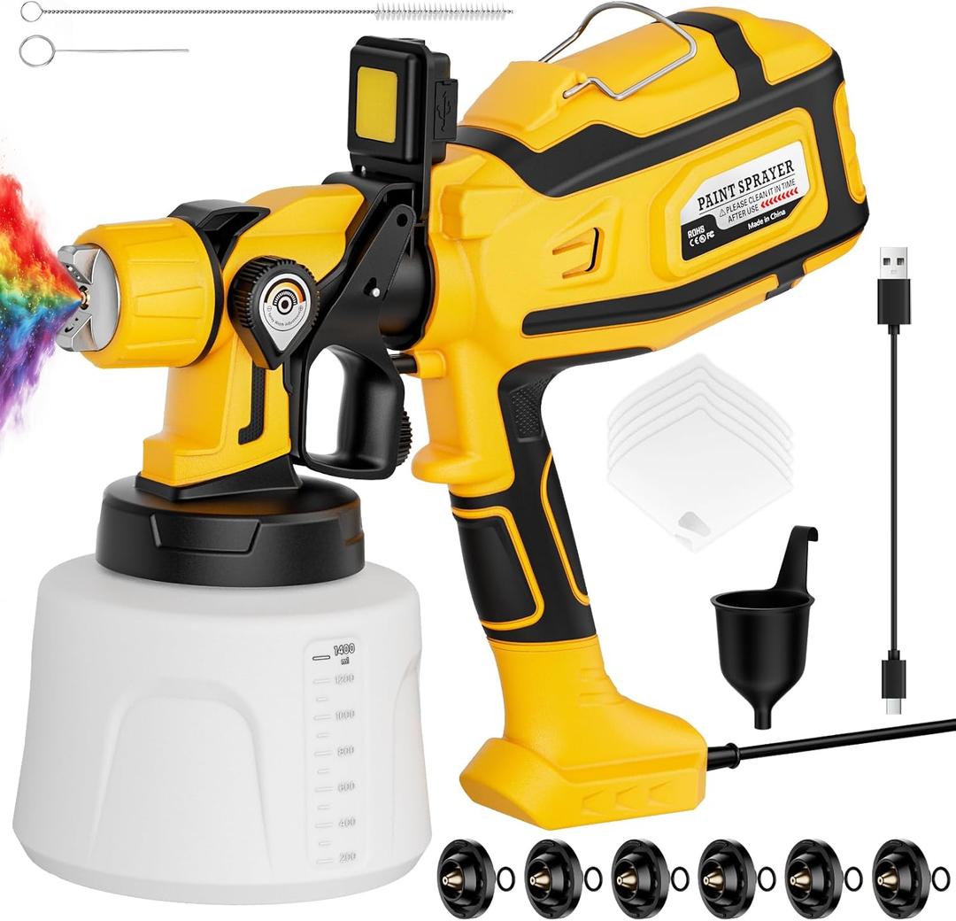 Paint Sprayer for House Painting, Paint Sprayer with 1000W Powerful Copper Motor, 1400ml (47oz) Container, 6 Brass Nozzles & LED Light, Easy to Clean for House, Fence, Furniture, Walls, DIY, Garden
