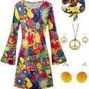 Girls Kids 60s 70s Hippie Costume Dresses Disco Outfits Party Clothes with Necklace Earrings Sunglas , Size XXL