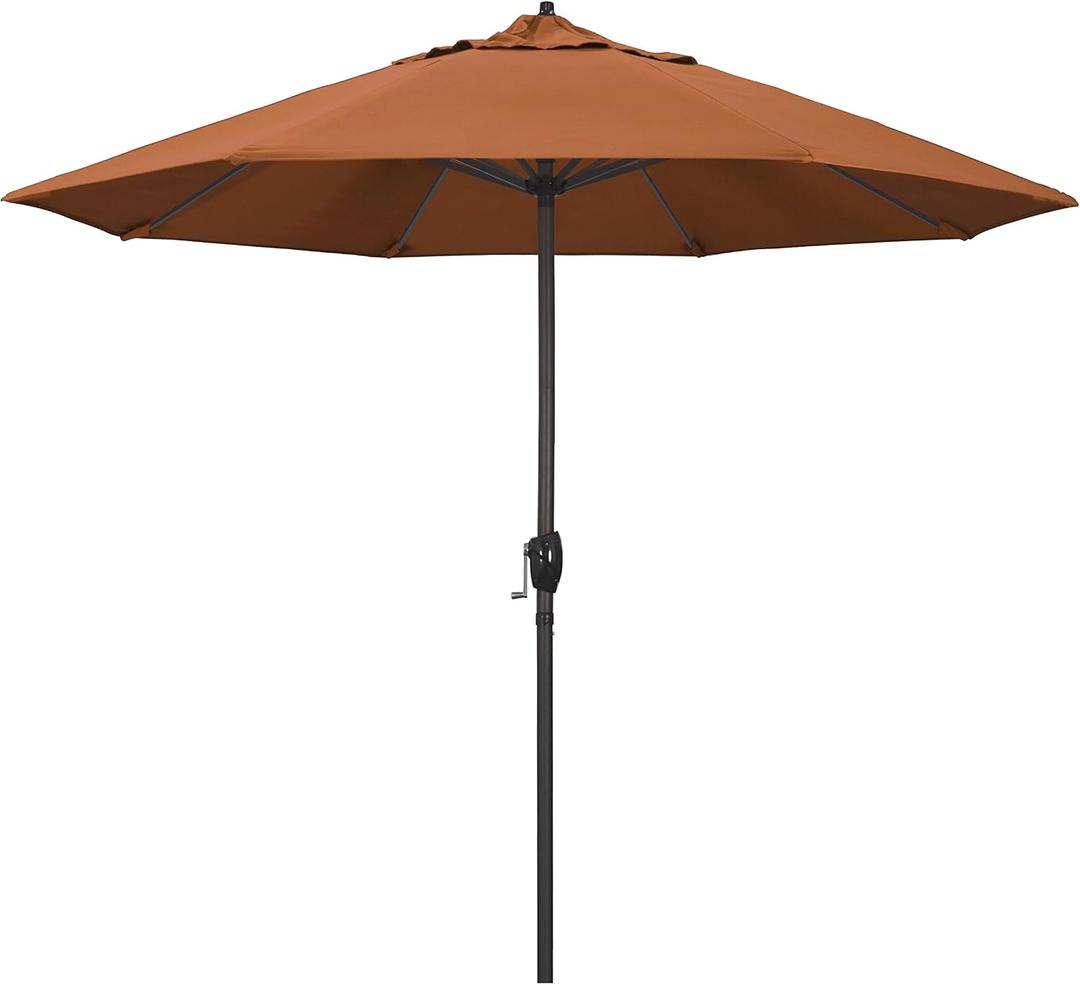 California Umbrella 12-Year Protection 9-Ft Outdoor Patio Umbrella, Sunbrella Fade-Resistant Acrylic Fabric, Auto Tilt and Crank, Heavy-Duty Aluminum Frame/ Reinforced Ribs, Bronze Pole, Tuscan
