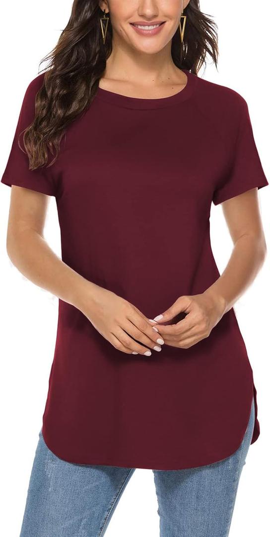 Newchoice Women's Clothing Tops Short Sleeve Casual Cotton Shirts Flowy Dressy Tunics Blouse (XXL, Y-dark wine)