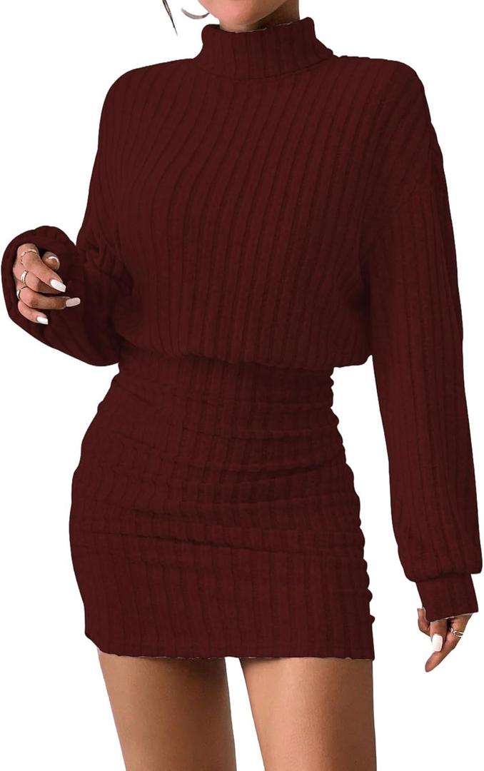 Women's Pullover Sweater Dress Long Lantern Sleeve Turtle Neck Cute Ribbed Knit Bodycon Mini Short Dress 2025 Fall (X-Large, Dark Red)