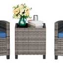 Vongrasig 3 Piece Patio Furniture Set Small Outdoor Wicker Rattan Front Porch Bistro Set Cushioned Patio Chairs Conversation Set with Glass Table for Lawn, Garden, Backyard, Balcony, Poolside (Blue)