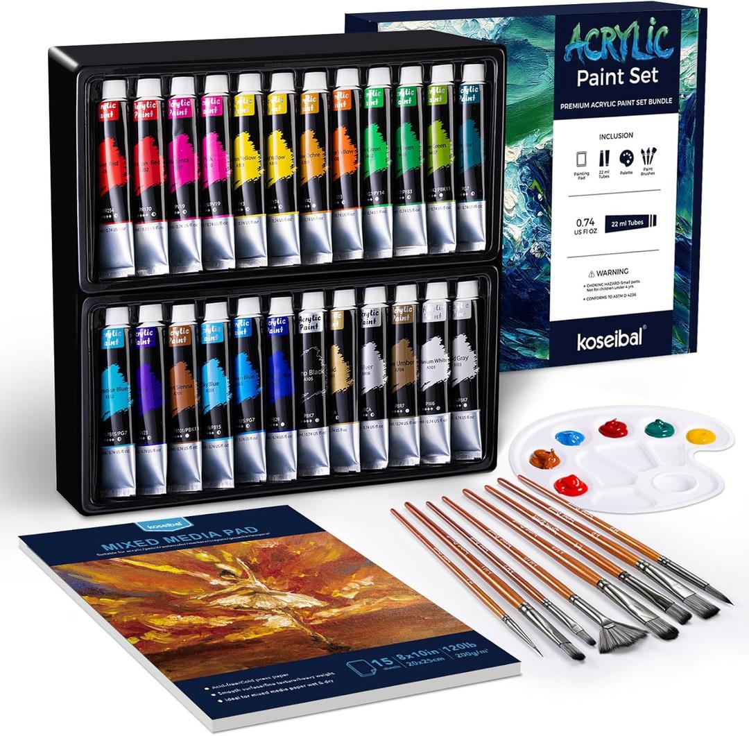 koseibal Acrylic Paint Set - Art Painting Supplies Kit for Kids & Adults with 24x22ml Acrylic Paints, 8 Brushes, 1 Painting Pad & Palette - Idea Gift Painting Kit for Student (24color+34pcs)