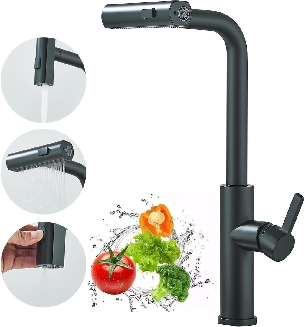 Trend&Trove Waterfall Kitchen Faucet - Kitchen Waterfall Sink Faucet - Faucet Kitchen with Pull Down Sprayer - 360 Rotatable Spout (Black)