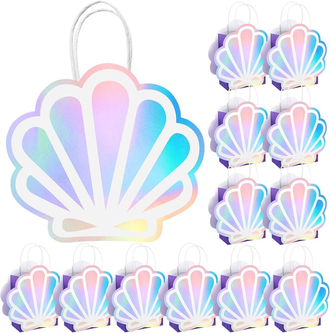 Locmeo 24 Pack Holographic Shell Gift Bags Mermaid Party Favor Bags with Iridescent Shell Cards for Mermaid Themed Supplies Ocean Under the Sea Party Favors
