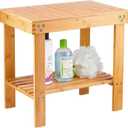 VaeFae Bamboo Shower Bench, Spa Bench Seat Stool, Foot Rest Shaving Stool with Non-Slip Feets and Storage Shelf, Works in Bathroom/Living Room/Bedroom/Garden Leisure