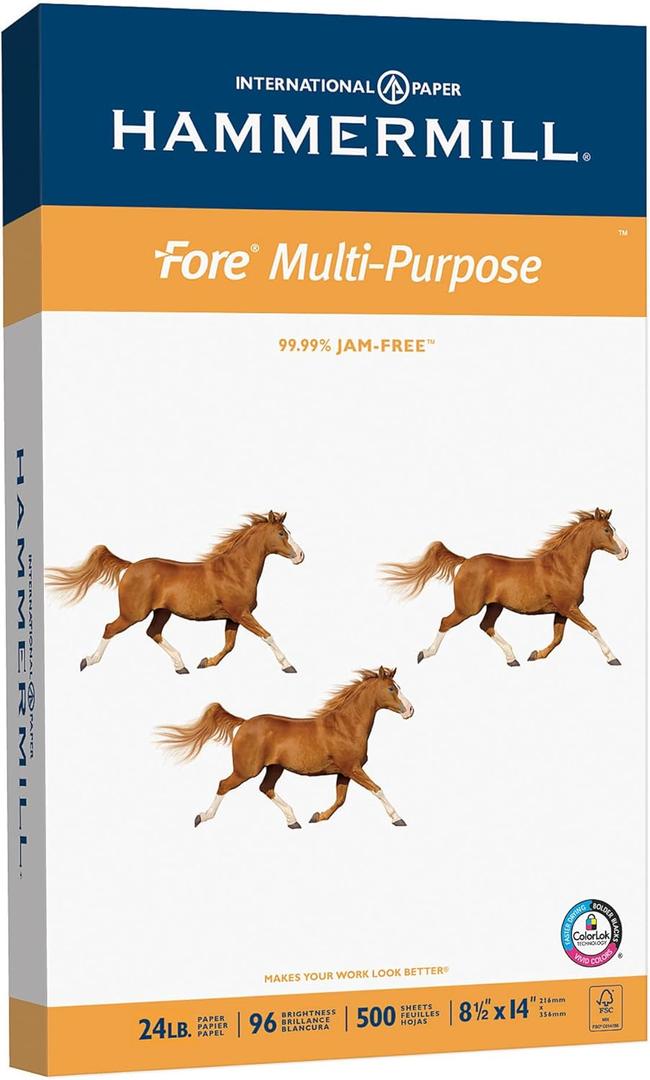 Hammermill Printer Paper, Fore Multipurpose 24 lb Copy Paper, 8.5 x 14 - 1 Ream (500 Sheets) - 96 Bright, Made in the USA, 101279R