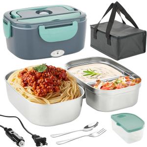 80W Faster Heated Lunch Box for Adults, Electric Lunch Box for Car/Truck/Office, with Dual 1.5L 304 Stainless Steel Food Containers, 0.45L PP Fruit/Snack Container, Fork & Spoon, Insulated Carry Bag