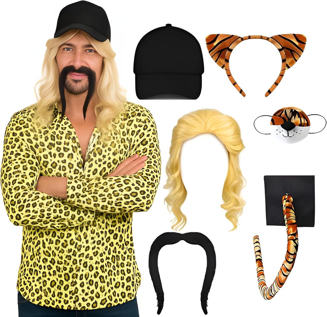 2 x 6 Pcs Tiger Tamer Costume Halloween Couple Costume with Blonde Wig Hat Beard Tiger Ears Tail & Nose Cosplay Party