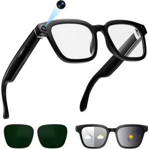 AI Smart Glasses with Camera, 1080P Video Recording Glasses, 8MP Camera Glasses, Real Time Translation, ChatGPT AI Voice Assistant, Open-Ear Audio,Sunglasses with Color-Changing Clear and Green Lenses (Pure Black)