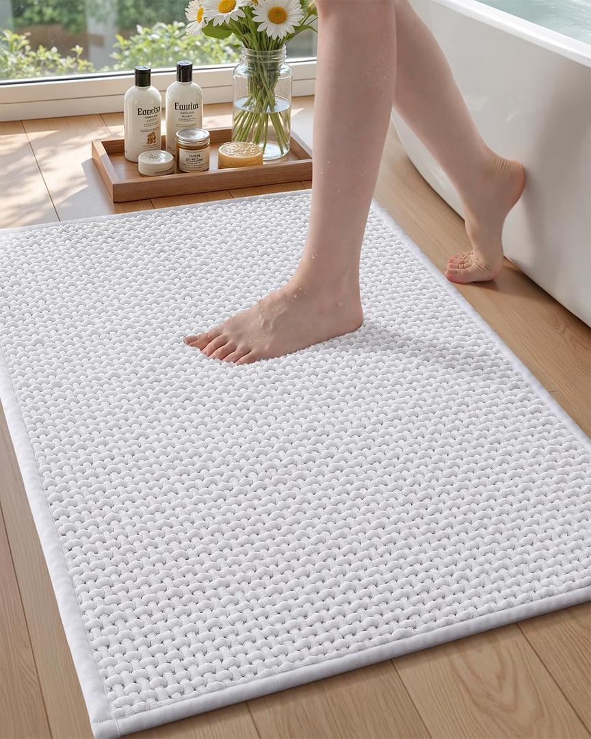 Color&Geometry Rubber Backed Waffle Bath Mat Non Slip Machine Washable Bathroom Rugs, Soft Absorbent Chenille Boho Carpet for Bathroom Floor, Tub and Shower, 17"x30", White