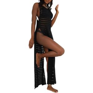 Sexy Bikini Swimsuits Cover Up Dress for Women Knit Crochet Halter Backless Hollow Out High Slit Maxi Dress Size L