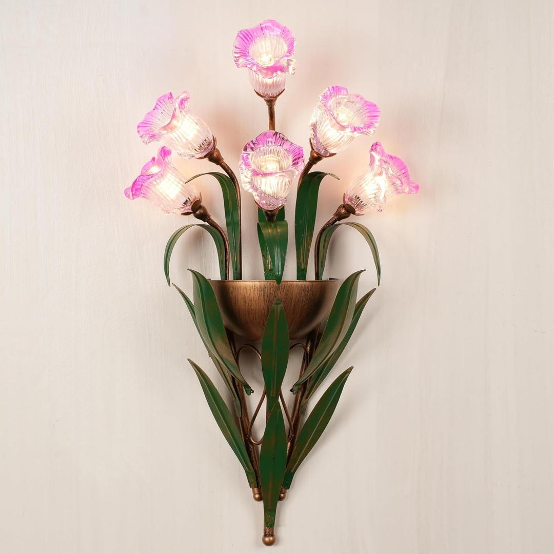 Vintage Flower Shape Plug-in Wall Sconce with Pink Glass Shade Elegant Wall Light, Floral Bedside Wall Lamp for Entrance, Bedroom, Hallway
