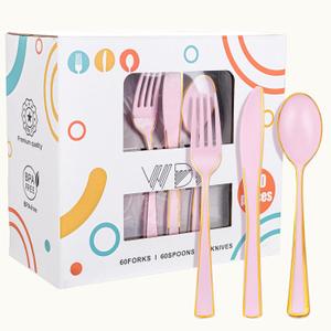 WDF 180 Pieces Pink Plastic Silverware with Gold -Pink Plastic Utensils Set - 60 Guest Cutlery Disposable for Birthday Party Baby Shower Wedding Spring