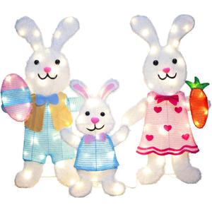 3 Pcs Outdoor Easter Decorations Lighted Bunny with 75 LEDs Warm White Lights, Easy Assembly 2D Easter Decor for Outdoor, Garden, Lawn, Patio (FHJ-Tuzi-D04-T4)