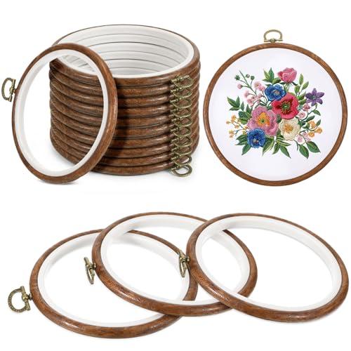 AOZUO 15 Pcs 4 Inch Round Embroidery Hoops, Imitated Wood Embroidery Frame Cross Stitch Circle Rubber Hoop Ring for Art Craft Sewing and Hanging Ornaments Decor Display