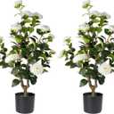 Artificial Camellia Tree 2 Pack - Realistic Camellia Plants in Pot with White Flowers, Lifelike Faux Greenery for Living Room, Patio, or Wedding, White