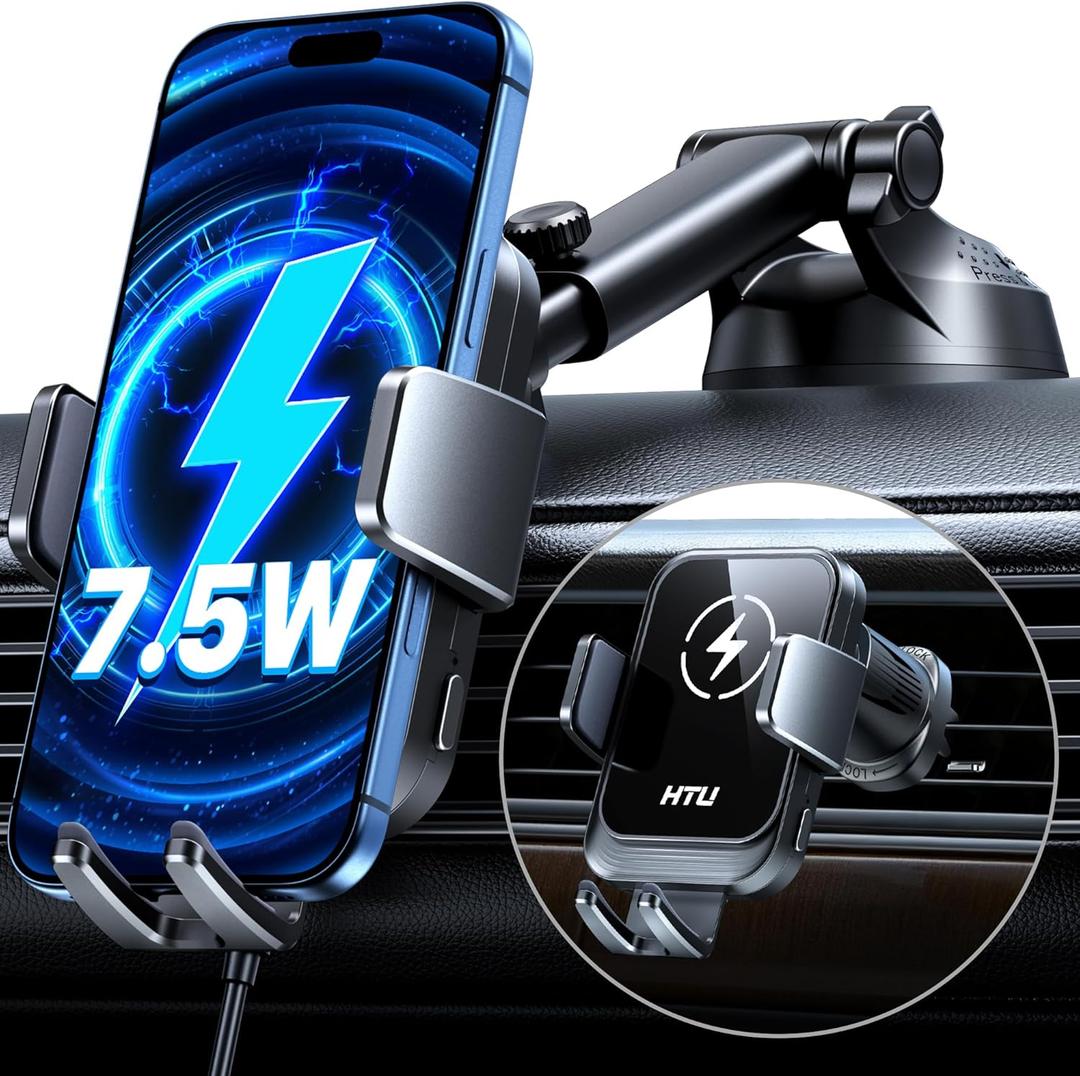HTU 2026 Upgraded Smart Car Phone Holder Wireless Charger, 7.5W-15W Wireless Charger for Magsafe [Excellent Strudiness] One-Handed Auto Clamping, Compatible Dashboards Air Vents and Windshields,Black (Sapphire Blue)