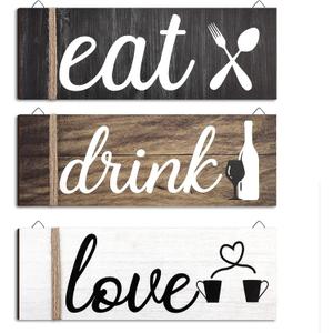 Jetec 3 Pcs Farmhouse Kitchen Wall Decor Rustic Wooden Home Eat Drink Love Sign with Hanging Hole for Home Dining Living Room Bar Cafe Decor(Vivid Color)