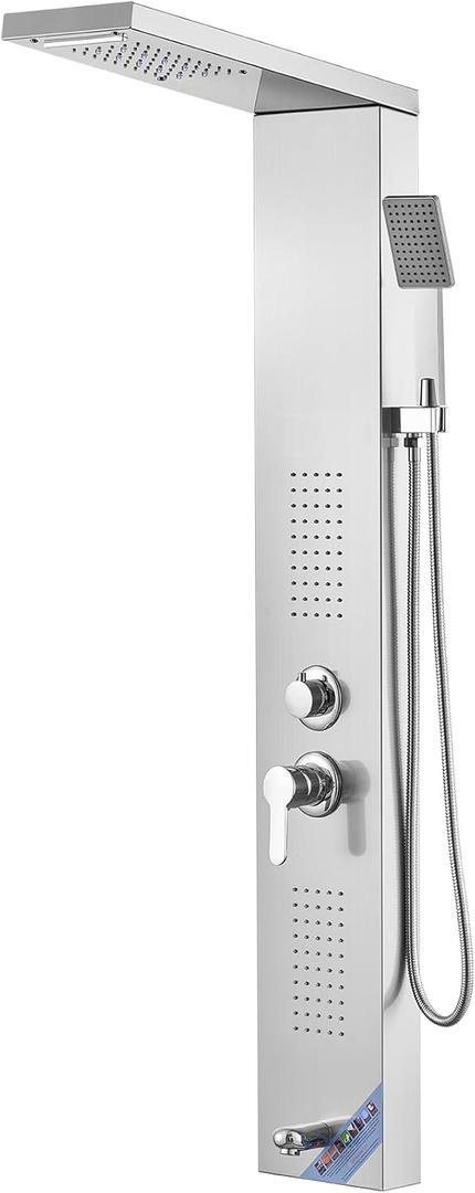 VEVOR Shower Panel System, 5 Shower Modes, LED Shower Panel Tower, Rainfall, Waterfall, 2 Body Massage Jets, Tub Spout, Handheld Shower Head with 59" Hose, Stainless Steel Wall-Mounted Shower Set