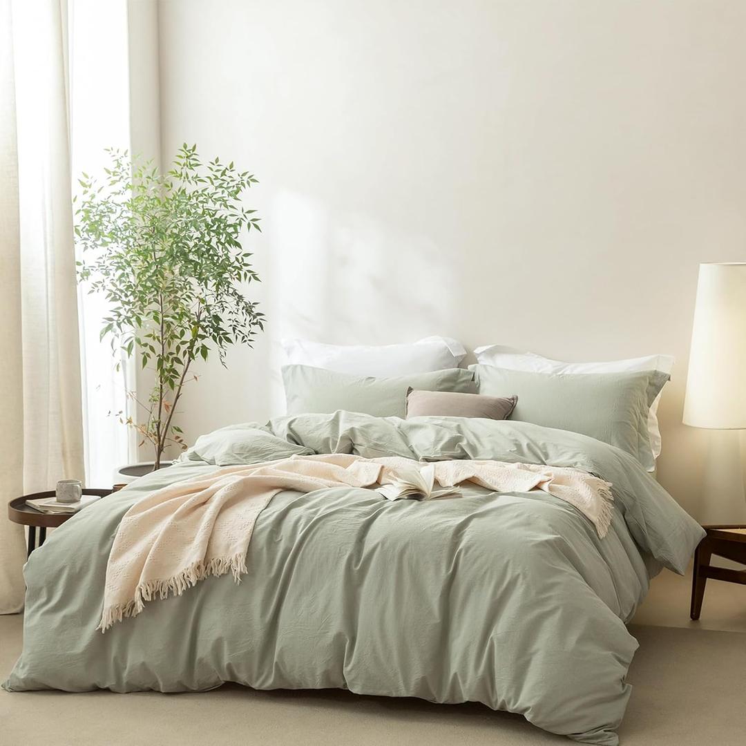 BDEAR 3 Pieces Sage Green Duvet Cover Set Queen Size 90'' L x 90'' W, 100% Washed Cotton Duvet Cover with Zipper Closure Plus 2 Pillowcases, Oeko TEX Standard Certificated, Cozy Feel