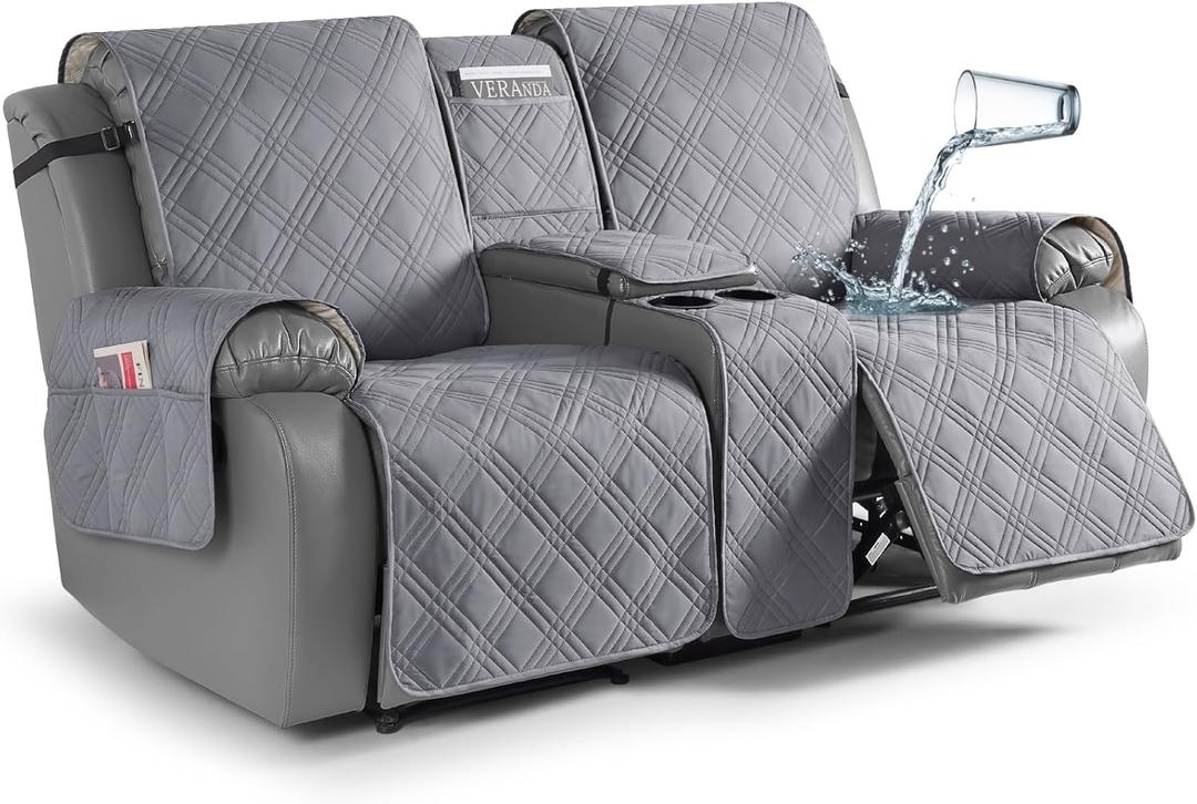 TAOCOCO Loveseat Recliner Cover with Center Console, 100% Waterproof Pet Covers for Dual Recliner with Straps Design, Split Reclining Loveseat Cover Furniture Pet&Kids Protector (2 Seater, Gray) (Grey)