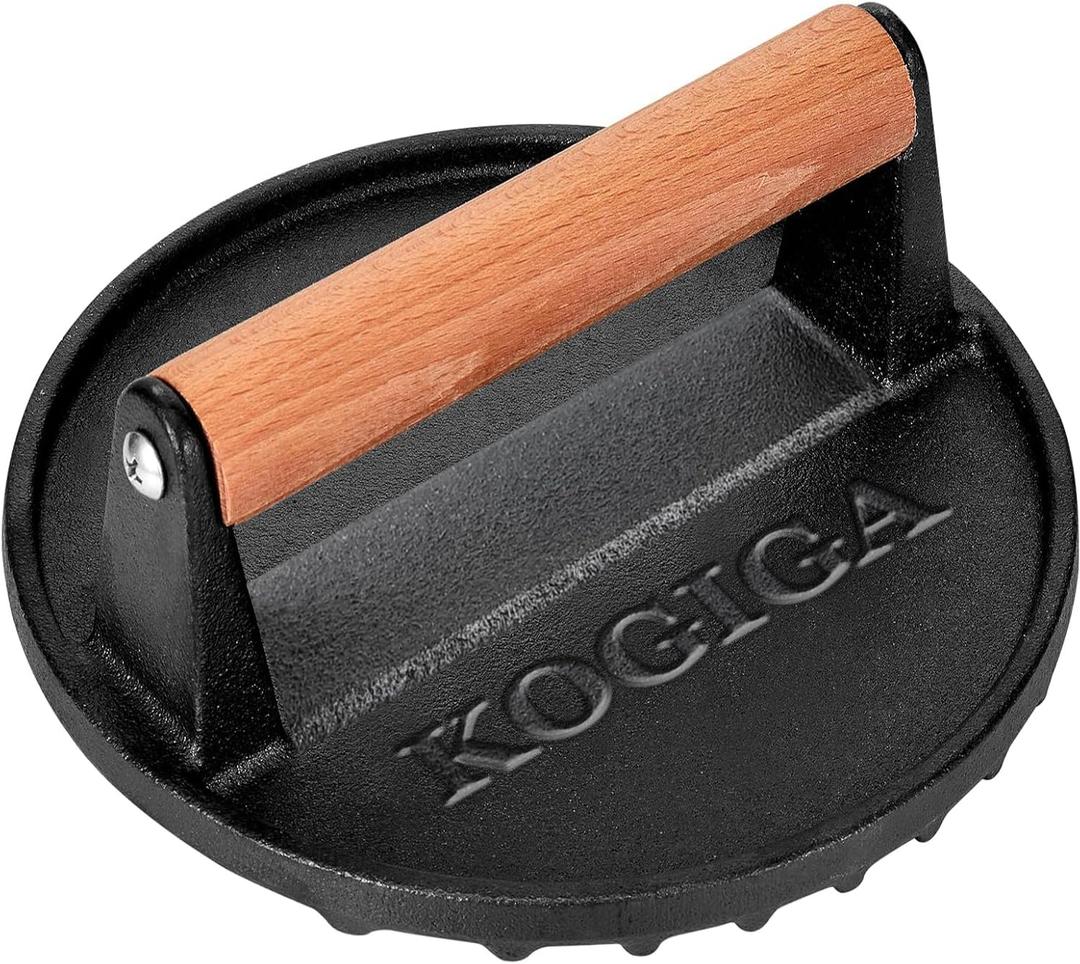 Cast Iron Smash Burger Press 2.5lb - 7 Inch Round Heavy Duty Bacon Press & Grill Weight for Smashburger, Flat Iron Steak, Patties with Beechwood Handle