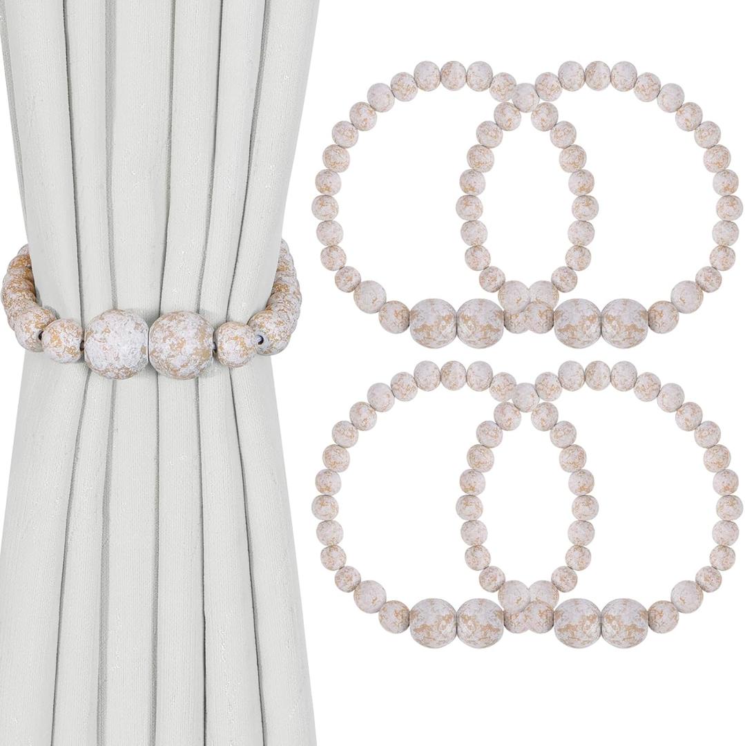 Magnetic Curtain Tiebacks, 4 Pack Curtain Holdbacks for Draperies, Elegant Wood Bead Tie Backs for Bedroom Decor, Boho Room Decor, Nursery Decor, Farmhouse Decor (Whitewashed)