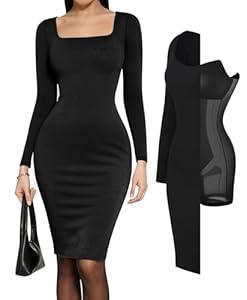 Popilush Cocktail Dress Long Sleeve Square Neck Midi Dress Shapewear Tummy Control Bodycon Dress Party Evening Built in Bra (Large)