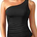Tempt Me Tankini Tops for Women One Shoulder Swim Swimsuit Top Only Ruched Tummy Control Bathing Suit M