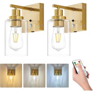 Battery Operated Wall Sconce Set of 2 with Remote 3-Color Rechargeable Wall Lights with 10000mA, Dimmable Wall Sconces Set of Two Battery Operated for Bedroom Living Room Hallway Decor (Gold)