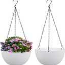 10 inch Hanging Planters for Indoor Outdoor Plants, 2 Pack Hanging Flower Pots with Drainage Holes and Chain for Garden Balcony Porch, Round Plastic Hanging Baskets for House Plants, White