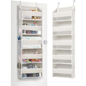 ULG 1-Pack Over Door Organizer with 5 Large Pockets 10 Mesh Side Pockets, 44 lbs Weight Capacity Hanging Storage Organizer with Clear Window for Bedroom Bathroom Kitchen, RV, Camper, Beige (Ivory)
