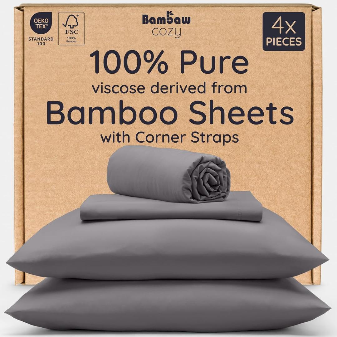 Bambaw 100% Viscose Derived from Bamboo Queen Sheet Set  4pcs Soft Bedding Set, Deep Pocket Queen Cooling Sheets Fits Up to 16'' with Elastic Corner Straps (Dark Gray)