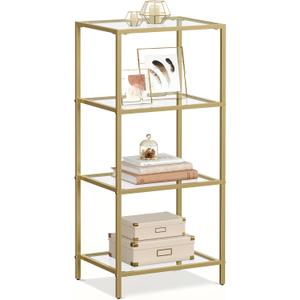 VASAGLE Bookcase, 4-Tier Bookshelf, Slim Shelving Unit for Bedroom, Bathroom, Home Office, Tempered Glass, Steel Frame, Metallic Gold ULGT28G (4 Tiers (15.7"W x 37.4"H))