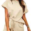 SHEWIN Women's 2 Piece Outfits Lounge Sets Casual Short Sleeve Shirts Shorts Cozy Pajamas Sweatsuit Set (B Apricot), XL