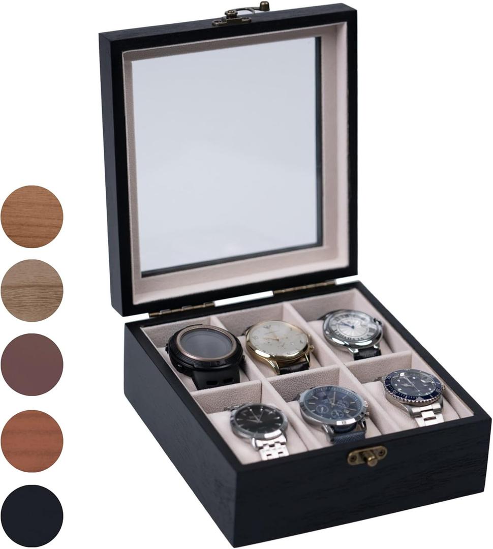 Watch Box, Watch Case for Men Women with Large Glass Lid, Wooden Watch Display Storage Box with 6 - Slots, Charcoal Black 6x2 Mens Watch Box Organizer