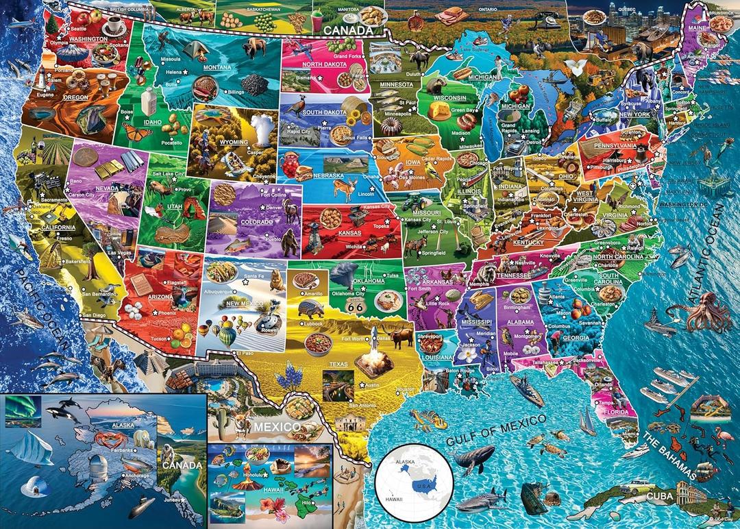 Playjigs USA Map Puzzle  A Vibrant 1000-Piece Journey Across America! with Colorful Details Showing Each State's Features, This Educational Puzzle Makes Learning About The U.S. Fun for Everyone.