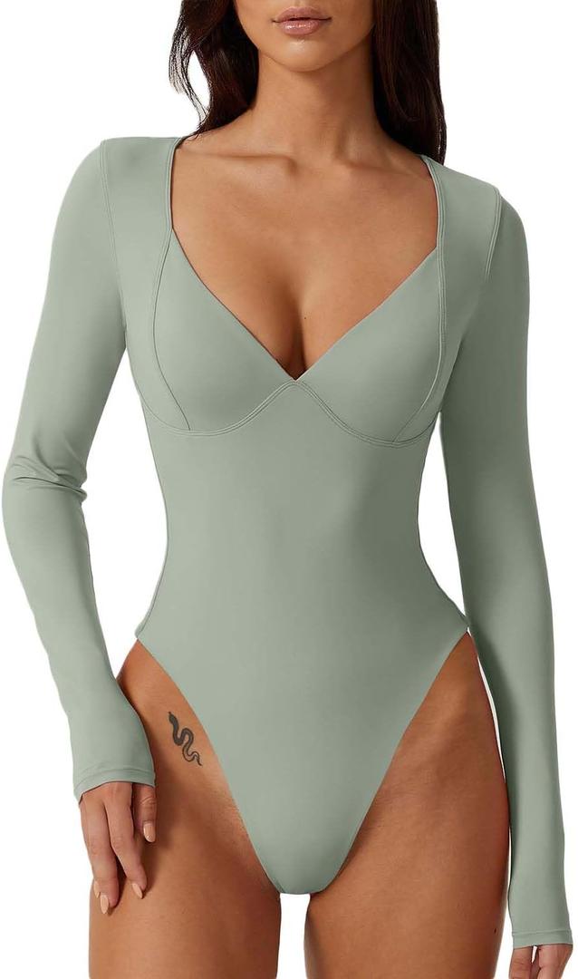 QINSEN Women's Long Sleeve Bodysuit V Neck Body Suits Seamed Cup Going Out Tops Shirt (Medium)