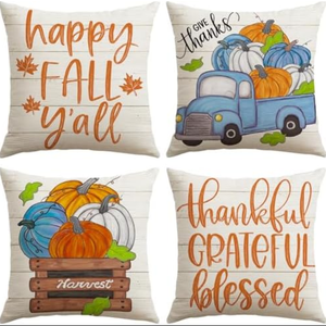 Pack Of 2 Artscope Fall Decorative Throw Pillow Covers 20x20 Inch Set of 4, Happy Fall Pumpkin Truck Thankful Grateful Blessed Outdoor Farmhouse Pillow Cases for Home Sofa Couch-Orange Beige