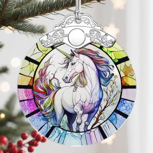 4 x Christmas Ornament, Christmas Decoration, Stained Glass Ornament, Heirloom Keepsakes, Holiday Ornaments, Holiday Presents, Unique Xmas Gifts, Gift Exchange Ornaments, Gift Idea - Unicorn (Unicorn Turning Back)